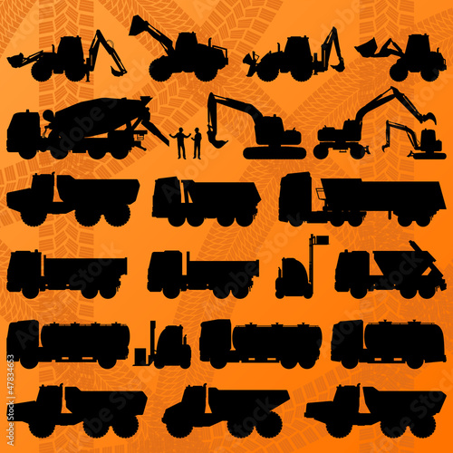 Vector: Construction excavator, truck and concrete mixer truck detailed Construction excavator, truck and concrete mixer truck detailed