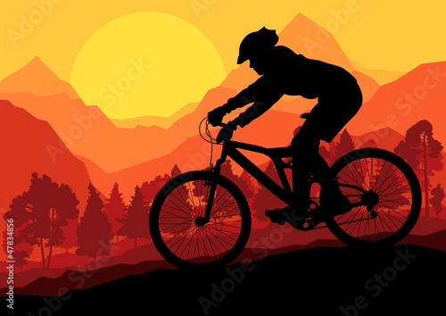 Vector: Mountain bike riders in wild forest mountain nature landscape ve Mountain bike riders in wild forest mountain nature landscape ve