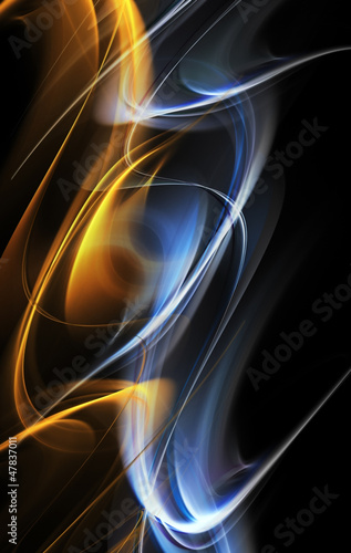 Illustration: Abstract gold and blue fractal waves on black background Abstract gold and blue fractal waves on black background