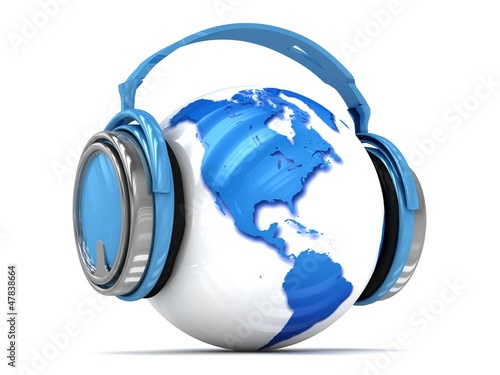 Illustration: 3d Earth globe with headphones. 3d Earth globe with headphones.