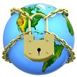 Earth globe close in chain and padlock