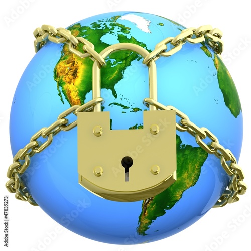Illustration: Earth globe close in chain and padlock Earth globe close in chain and padlock