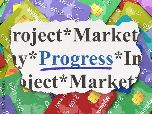 Illustration: Torn newspaper with words Progress on credit card background Torn newspaper with words Progress on credit card background