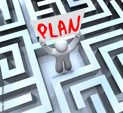 Illustration: Plan Man Holding Sign in Maze Labyrinth Plan Man Holding Sign in Maze Labyrinth