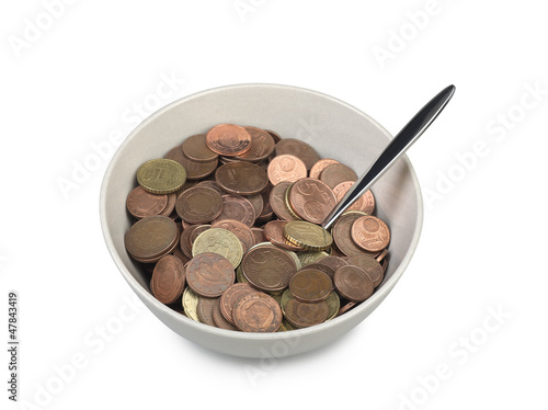 Photo: bowl of european money with spoon bowl of european money with spoon