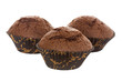 Three chocolate muffins on white