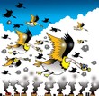 Wild geese with gas masks in flight