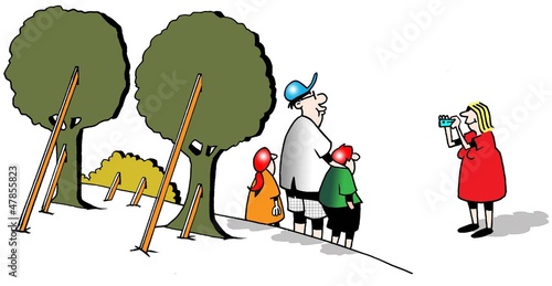 Illustration: Family photos against fake trees from deforestation Family photos against fake trees from deforestation