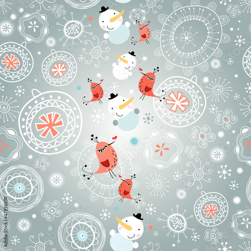 Vector: winter texture with snowflakes and snowmen winter texture with snowflakes and snowmen