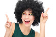 Woman with black afro wig laughing