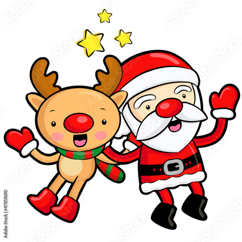 Vector: Santa Claus and deer mascot the event activity. Christmas Charac Santa Claus and deer mascot the event activity. Christmas Charac