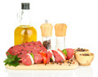 Raw beef meat marinated with herbs and spices isolated on white