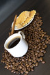 coffee beans, cup, Pots, cinnamon on dark background