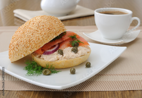 Photo: Salmon sandwich and a cup of coffee Salmon sandwich and a cup of coffee
