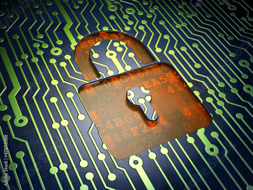 Illustration: Security concept: circuit board, closed padlock Security concept: circuit board, closed padlock