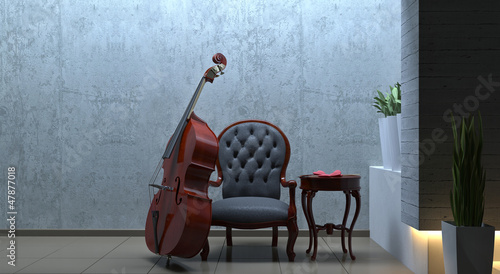 Illustration: double bass interior romantic scene double bass interior romantic scene