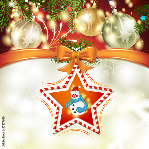 Vector: Christmas star with snowman, bow and pine tree Christmas star with snowman, bow and pine tree