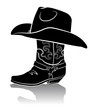 Cowboy boot and western hat.Black graphic image on white