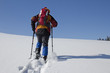 Schneeschuhwanderin zieht in jungfräulichem Schnee bergan.