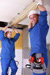 Electricians installing neon on ceiling