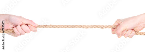 Photo: Hands pull rope isolated on white Hands pull rope isolated on white