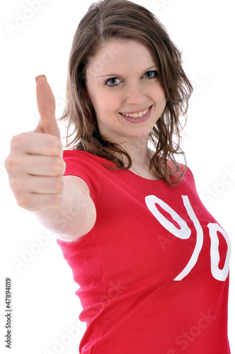 Photo: Junge Frau im Sale-Shirt "Daumen rauf" Junge Frau im Sale-Shirt "Daumen rauf"