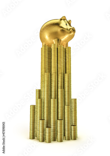 Illustration: Gold piggy bank on coins Gold piggy bank on coins