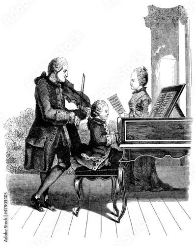 Illustration: Child Mozart with Father & Sister - 18th century Child Mozart with Father & Sister - 18th century