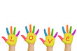 Photo: The word "love" written in paints on colorful hands. The word "love" written in paints on colorful hands.