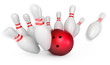 Play bowling. Bowling ball crashing into the pins
