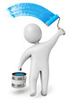 Man paints blue color with roller. Paint roller and bucket