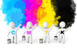 Paint roller and a bucket. CMYK concept. 3d render