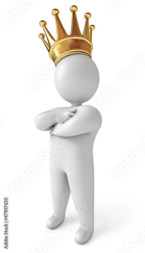 Illustration: Man with a crown on his head. White background. 3d render Man with a crown on his head. White background. 3d render