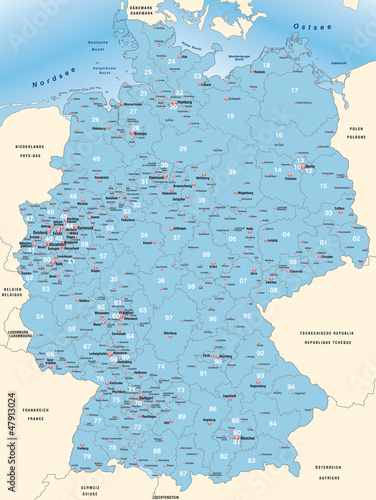 Vector: Umgebungskarte von Deutschland mit Postleitzahlen Umgebungskarte von Deutschland mit Postleitzahlen
