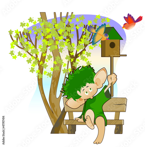 Illustration: Little leprechaun with a birdhouse Little leprechaun with a birdhouse