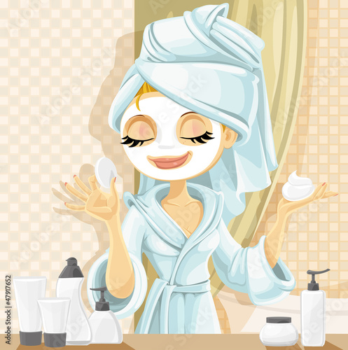 Vector: Cute girl with a cosmetic mask on her face in the bathroom Cute girl with a cosmetic mask on her face in the bathroom