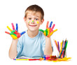 happy boy with stained coloured hand