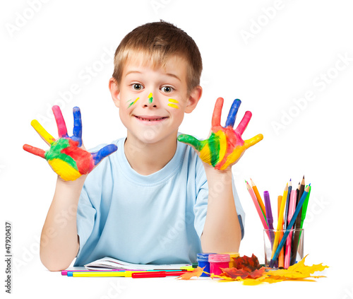 Photo: happy boy with stained coloured hand happy boy with stained coloured hand
