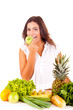 Photo: Happy young woman with fruits and vegetables Happy young woman with fruits and vegetables