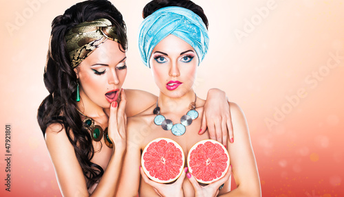 Photo: Two Women Flirting. Performance. Desire and Passion Two Women Flirting. Performance. Desire and Passion