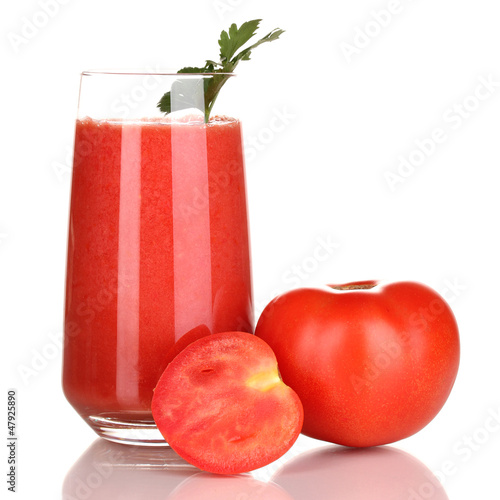 Photo: Glass of tomato juice isolated on white Glass of tomato juice isolated on white