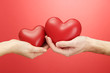 Red hearts in woman and man hands, on red background