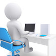 3d white man working at a laptop. On the table in a white box