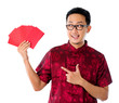 Asian man showing many red packet