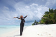 happy business woman on the ocean coast