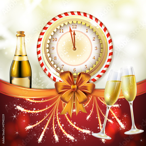 Vector: Christmas card, gifts with champagne glasses and bottle Christmas card, gifts with champagne glasses and bottle