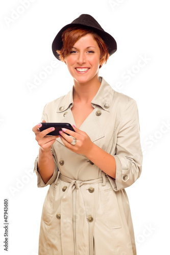 Photo: Smiling Young Woman Holding Smart Cell Phone on White Smiling Young Woman Holding Smart Cell Phone on White