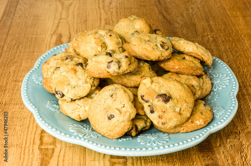 Photo: Blue plate of chocolate chip cookies Blue plate of chocolate chip cookies