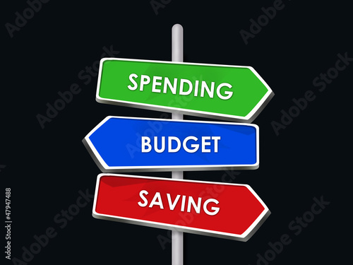 Illustration: spending saving budget three road signs arrows spending saving budget three road signs arrows