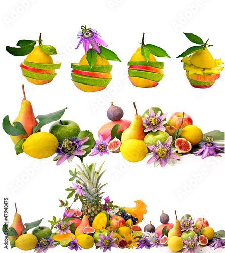 Photo: Obst, Vitamine: Collage aus bunten Frucht-Kompositionen Obst, Vitamine: Collage aus bunten Frucht-Kompositionen
